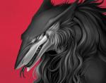 ambiguous_gender anthro black_lips forked_tongue fur grey_body grey_eyes grey_fur lips looking_at_viewer pupils red_background sharp_teeth simple_background slit_pupils solo teeth tongue tongue_out raesheris rain_silves sergal headshot_portrait hi_res portrait