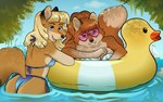 anthro big_breasts bikini black_nose blonde_hair boat breast_size_difference breasts brown_hair butt clothed clothing duo eyewear female fur glasses hair looking_back open_mouth open_smile orange_body orange_fur partially_submerged rear_view smile swimwear two-piece_swimsuit vehicle watercraft germainethevixen nighttail_(enwood) primrose_(enwood) canid canine fox mammal