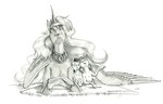 2022 apple_bloom_(mlp) baron_engel cuddling earth_pony equid equine eyebrows fan_character fangs feathered_wings feathers female feral friendship_is_magic graphite_(artwork) greyscale group hair hasbro hooves horn horse long_hair male mammal monochrome my_little_pony mythological_creature mythological_equine mythology pencil_(artwork) pony princess_luna_(mlp) stone_mane_(baron_engel) story story_in_description teeth traditional_media_(artwork) trio winged_unicorn wings young young_feral