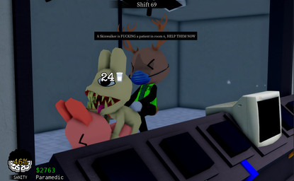 ambiguous_gender anthro game_ui gameplay_mechanics group male media_accurate profanity questionable_consent sharp_teeth teeth text tongue tongue_out trio swedenbiped animal_hospital roblox paramedic_(animal_hospital) skinwalker_(animal_hospital) deer lagomorph leporid mammal rabbit skinwalker 3d_(artwork) digital_media_(artwork) english_text tagme