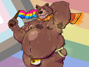 anthro armpit_fetish armpit_hair bear_pride_colors belly belly_overhang belly_tuft biceps big_belly bodily_fluids body_hair bottomwear brown_body brown_fur bulge chest_tuft clothed clothing eye_scar eyebrows facial_scar flag flag_(object) fur grin jiggling jockstrap lgbt_pride looking_at_viewer love_handles male musk musky_armpit musky_butt musky_underwear nipples obese obese_male overweight overweight_male pansexual_pride_colors pose pride_colors raised_arm raised_eyebrow scar scarf skimpy smile smirk solo standing sweat sweat_stain sweatdrop thick_arms three-quarter_view tight_bottomwear tight_clothing toony tuft underwear cyanwich dreamworks lgbt_pride_month puss_in_boots_(franchise) papa_bear_(puss_in_boots) bear mammal absurd_res cel_shading digital_media_(artwork) hi_res pinup shaded