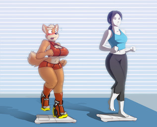 anthro big_breasts blush bottomwear breast_size_difference breasts cleavage clothed clothing crossgender curvy_figure dipstick_tail duo exercise female fur markings midriff mtf_crossgender multicolored_body multicolored_fur multicolored_tail navel open_mouth pale_skin pants shirt shorts simple_background skimpy sweatpants tail tail_markings tank_top topwear tube_top two_tone_body two_tone_fur under_boob voluptuous wide_hips workout dracojeff metroid nintendo star_fox wii_fit fox_mccloud samus_aran wii_fit_trainer canid canine fox human humanoid mammal