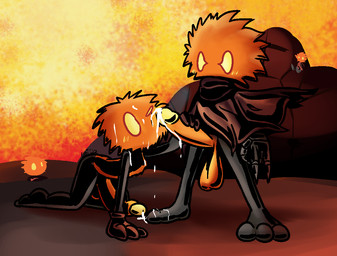 3_toes anthro anthro_on_anthro balls bent_over big_balls big_penis black_body blush bodily_fluids cape circumcised clothing cum cum_on_arm cum_on_face cum_on_feet cum_on_penis cum_string cumshot cybernetic_arm cybernetic_limb duo_focus ejaculation erection feet fire foreskin fur genital_fluids genitals glans gloves group handjob handwear huge_balls huge_penis humanoid_genitalia humanoid_penis intraspecies kneeling male male/male mouthless one_eye_closed orange_balls orange_body orange_fur orange_penis orgasm penile penis red_body red_cape red_clothing red_gloves red_handwear saggy_balls sex standing toes yellow_eyes yellow_glans ultilix duel_masters nomad_hero_gigio elemental_creature fire_creature 2022