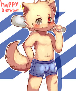 anthro baseball_bat bat_(object) blush bottomwear bulge ck clothed clothing heterochromia male pattern_background shorts shota simple_background solo standing text topless young young_anthro young_male choki canid canine canis domestic_dog mammal 2020 absurd_res english_text hi_res