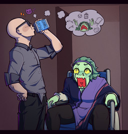 accessory anthro bald black_bottomwear black_clothing black_pants bottomwear brush canon_couple clothed clothed_anthro clothed_female clothed_human clothed_male clothing collared_shirt disability dress_shirt drinking duo emoji eyewear female fingers front_view green_body green_hair grey_clothing grey_eyes grey_shirt grey_topwear hair hair_accessory hairband hand_on_hip heart_symbol holding_object human_on_anthro humanoid_hands interspecies male male/female medium_hair open_mouth paint_thinner paintbrush pants paraplegic pose pupils purple_clothing purple_shirt purple_topwear shirt shocked sitting small_pupils smug sunglasses surprised thought_bubble topwear vehicle wheelchair yellow_sclera zytkal cavemanon_studios i_wani_hug_that_gator inco_(iwhtg) olivia_halford baryonyx dinosaur human mammal prehistoric_species reptile saurischian scalie spinosaurid theropod colored hi_res meme shaded