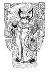 anthro biped cheek_tuft choker claws clothing decorative_border detailed_background dress ear_piercing ear_ring facial_tuft female feral fur hair holding_dish jewelry looking_at_viewer necklace paws piercing ring_piercing smile solo_focus tuft wreath lachland-nightingale avian bird chat_(bird) nightingale old_world_flycatcher oscine passerine saxicoline hi_res monochrome pen_(artwork) traditional_media_(artwork)