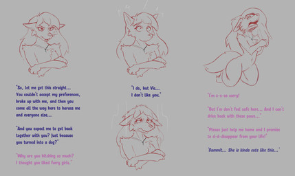 after_transformation angry anthro begging begging_for_mercy bodily_fluids breast_grab breast_squish breasts cross cross_necklace crying defiant dialogue ears_down ears_up female hair hand_on_breast hiding_breasts jewelry kneeling necklace paws pivoted_ears profanity rejection solo species_transformation squish surprised tail tears text transformation cloud_coffee canid canine canis domestic_dog mammal english_text hi_res