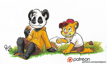 anthro black_body black_fur blue_eyes bottomwear brown_bottomwear brown_clothing brown_shorts clothed clothing cookie duo eating eyes_closed food fur glistening glistening_eyes grass grin hoodie kneeling logo male orange_body orange_fur plant shirt shorts simple_background smile stealing t-shirt tail tail_tuft topwear tuft white_background white_body white_clothing white_fur white_shirt white_t-shirt white_topwear yellow_body yellow_clothing yellow_fur yellow_hoodie yellow_topwear young young_anthro young_male pandapaco parinton bear felid giant_panda lion mammal pantherine artist_logo signature