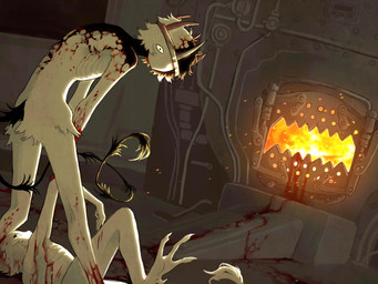 ambiguous_gender ambiguous_humanoid black_tail blood blood_splatter bodily_fluids crown detailed_background duo feet fire fur furnace furnace_(forge) gore headgear inside leg_tuft looking_at_viewer nude ribs tail tuft white_body white_fur jejejunum ember_(jejejunum) demon demon_humanoid humanoid spirit tailed_humanoid 2025 4:3 digital_media_(artwork) hi_res shaded