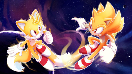 clothing duo footwear gloves handwear male planet shoes sneakers space star sheylog sega sonic_the_hedgehog_(series) miles_prower sonic_the_hedgehog super_sonic super_tails canid canine eulipotyphlan fox hedgehog mammal 16:9 absurd_res hi_res widescreen