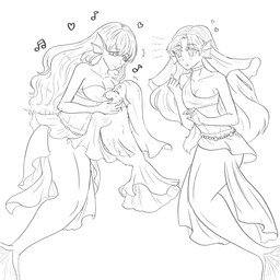 blush breasts cleavage clothed clothing eyes_closed female female_feral female_humanoid feral frill_(anatomy) group hair hand_on_cheek heart_symbol hug long_hair musical_note musical_symbol open_mouth pseudo_hair slim slim_female smile split_form symbol topwear trio yellowcottoncandy030 fluffy_pony fluffy_pony_(species) humanoid mammal marine merfolk seafluff 1:1 2025 black_and_white digital_media_(artwork) hi_res monochrome