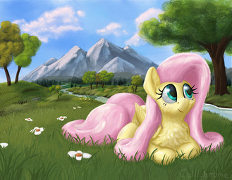 cheek_tuft cloud facial_tuft female female_feral feral flower fluffy fluffy_chest folded_wings mountain outside plant river solo tree tuft wings callichrome friendship_is_magic hasbro my_little_pony mythology fluttershy_(mlp) equid equine mammal mythological_creature mythological_equine pegasus absurd_res hi_res