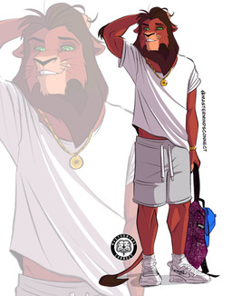 anthro anthrofied bag bite biting_lip blowup_background brown_body brown_fur brown_hair clock clothed clothing fur green_eyes hair hat headgear headwear jewelry male mane necklace simple_background solo watch whiskers wristwatch mastermindsconnect disney the_lion_king kovu_(the_lion_king) felid human lion mammal pantherine hi_res