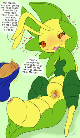 anthro anus aroused arthropod_abdomen arthropod_abdomen_anus bodily_fluids bulge butt clothed clothing disembodied_penis duo erection erection_under_clothing excited faceless faceless_character faceless_human female foreskin genital_fluids genitals human_on_anthro humanoid_genitalia humanoid_penis imminent_sex interspecies male male/female partially_clothed penis pokephilia presenting presenting_bulge presenting_hindquarters presenting_penis seductive simple_background sitting solo_focus text tongue tongue_out vaginal_fluids vulva birdofanatic nintendo pokemon generation_5_pokemon human humanoid leavanny mammal pokemon_(species) digital_drawing_(artwork) digital_media_(artwork) english_text flat_colors hi_res