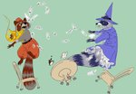 anthro belt beverage clothing dress duo feathers female fight fire furniture hat headgear headwear magic magic_user male male/female pantaloons tea witch eukayoticprokaryote mammal procyonid raccoon digital_drawing_(artwork) digital_media_(artwork) hi_res