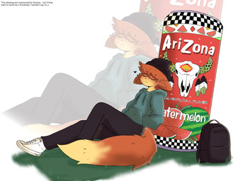 anthro clothed clothing eyes_closed food footwear fruit heart_symbol male melon plant shoes simple_background solo watermelon disastercat arizona_iced_tea domestic_cat felid feline felis mammal 2025 digital_media_(artwork) hi_res