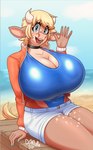 2_horns anthro beach big_breasts blonde_hair blue_nail_polish blue_nails blue_one-piece_swimsuit bottomwear breasts brown_body brown_fur choker cleavage clothed clothing colored_nails cutoffs denim denim_bottomwear denim_clothing female fingers fur gesture glistening glistening_clothing hair horn hotpants huge_breasts jacket jewelry looking_at_viewer markings multicolored_body multicolored_fur nails navel_outline necklace open_clothing open_jacket open_mouth open_topwear orange_clothing orange_jacket orange_topwear outside sand sea seaside shorts sitting sky smile smiling_at_viewer solo spots spotted_body spotted_fur spotted_thighs swimwear tan_body tan_fur teeth tongue topwear two_tone_body two_tone_fur water waving waving_at_viewer wood doodle_dip momo_(doodle_dip) bovid bovine cattle mammal absurd_res digital_media_(artwork) hi_res