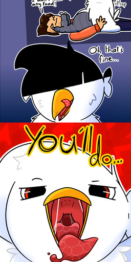 avian_feet beak beak_markings bodily_fluids fur markings narrowed_eyes open_mouth red_eyes saliva saliva_on_tongue saliva_string sitting sitting_on_another text vore white_body white_fur jtay avian bird absurd_res comic english_text hi_res
