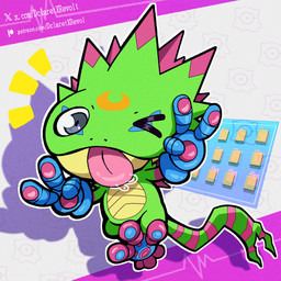 anthro bodily_fluids gesture green_body hand_gesture male markings one_eye_closed saliva smile solo striped_markings striped_tail stripes tail tail_markings tongue tongue_out v_sign wink dclaretxrevolt bandai_namco digimon digimon_beatbreak digimon_(species) gekkomon scalie 1:1 hi_res