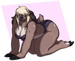 all_fours anthro blonde_hair bra breasts brown_body brown_fur brown_highlights butt claws cleavage clothed clothing female fur hair hair_over_eyes highlights_(coloring) lips long_hair multicolored_body multicolored_fur nude panties simple_background solo thick_bottom_lip thick_thighs two_tone_body two_tone_fur underwear white_body white_fur wide_hips xingscourge jazzy_(xingscourge) mammal pilosan sloth xenarthran 2023 hi_res