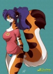 anthro big_breasts big_tail black_stripes breasts clothed clothing female fur green_eyes hair huge_breasts multicolored_body multicolored_fur orange_body orange_fur panties purple_hair shirt smile solo stripes tail topwear two_tone_body two_tone_fur underwear white_body white_fur chalo las_lindas tiggs felid mammal pantherine tiger 2009 hi_res