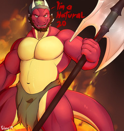 anthro axe beard bottomwear clothing dialogue facial_hair horn loincloth looking_at_viewer male melee_weapon musclegut muscular muscular_anthro muscular_male smile solo tail text weapon folsky mythology dragon mythological_creature mythological_scalie scalie english_text hi_res