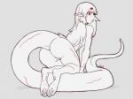 albino border butt digitigrade feet female foot_thumb genitals grey_border hair long_hair long_tail looking_at_viewer looking_back nude pussy rear_view red_eyes simple_background solo tail thick_tail tongue tongue_out white_body white_hair white_skin arbuzbudesh ad-6-0001a alien humanoid 4:3