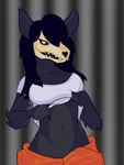 anthro black_hair breasts clothed clothing clothing_lift female fur grey_body grey_fur hair organs shirt shirt_lift solo stomach topwear white_eyes selfdestructking scp_foundation scp-1471-a monster 3:4 absurd_res hi_res