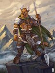 abs anthro blue_eyes brown_body brown_fur clothing detailed_background fur horn male muscular outside pecs scar snow solo standing weapon byowt european_mythology greek_mythology mythology bovid bovine mammal minotaur digital_media_(artwork) hi_res