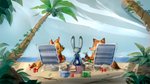 anthro barefoot beach brown_body brown_fur chair clothed clothing detailed_background feet fur furniture grey_body grey_fur group looking_at_another male outside palm_tree paws plant sand sea seaside ship sitting smile swimming_trunks swimwear toes topless tree vehicle water watercraft ruffu disney zootopia fan_character judy_hopps megan_fawkes nick_wilde canid canine fox lagomorph leporid mammal rabbit red_fox true_fox 16:9 2019 widescreen