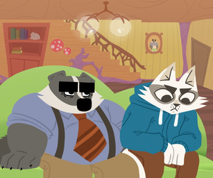 anthro black_body black_fur black_nose blue_clothing blue_hoodie blue_topwear bottomwear brown_bottomwear brown_clothing brown_pants clothing detailed_background duo fur furniture hoodie inside male overweight overweight_male pants shirt sitting sofa suspenders topwear white_body white_fur bencomedion beastly_crimes beastly_crimes_(2024) badgercat chief_badger badger domestic_cat felid feline felis mammal mustelid musteline 2026