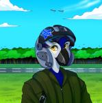 air_force aircraft airfield airplane airstrip ambiguous_gender anthro blue_body blue_feathers clothed clothing feathers forest jet looking_at_viewer pilot plant smile solo tree vehicle white_body white_feathers yellow_eyes uni hikaru_(laulenture) avian bird hi_res