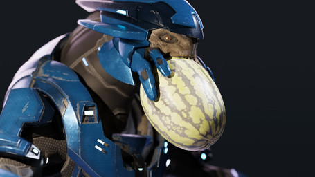 armor brown_eyes food food_in_mouth fruit fruit_in_mouth full_armor grey_body headgear helmet humor male mandibles melon object_in_mouth plant pupils simple_background slit_pupils solo teeth watermelon silent_sfm halo_(series) microsoft xbox_game_studios alien sangheili scalie 16:9 3d_(artwork) colored digital_media_(artwork) hi_res widescreen