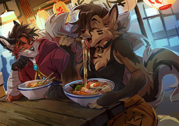 5_fingers anthro black_nose bottomwear breasts brown_body brown_fur brown_hair cheek_tuft chopsticks claws clothed clothed_anthro clothed_female clothed_male clothing countershading duo eating facial_tuft female finger_claws fingers food fur gloves_(marking) group hair humanoid_hands inner_ear_fluff jacket male markings multicolored_body multicolored_fur noodles open_mouth open_smile pants ramen ramen_bowl ramen_noodles red_body red_fur shirt smile tank_top tongue topwear tuft two_tone_body two_tone_fur white_body white_fur kammi-lu zempy canid canine canis domestic_dog fox german_shepherd herding_dog mammal pastoral_dog colored