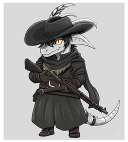 anthro belt boots border chibi clothing coat footwear gun horn male ranged_weapon scarf shoes solo topwear weapon white_border yellow_eyes h56_(hikkoro) shape_of_dreams lacerta_(shape_of_dreams) lizard reptile scalie hi_res