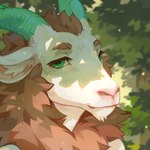 ambiguous_gender anthro fur green_eyes horizontal_pupils inner_ear_fluff looking_at_viewer mouth_closed narrowed_eyes outside pupils solo tuft white_body white_fur white_inner_ear_fluff corzh77 legauw bovid caprine goat mammal 1:1 bust_portrait hi_res portrait