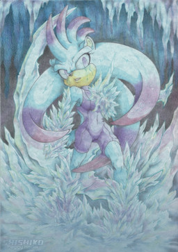 anthro blue_body blue_fur bodily_fluids breasts clothing countershade_face countershading eyelashes female frozen fur head_spikes ice leotard multicolored_body navel_outline purple_clothing purple_eyes solo spikes spikes_(anatomy) standing tears pichu-chan sega sonic_the_hedgehog_(series) aurora_(pichu-chan) fan_character mammal porcupine rodent 2012 traditional_media_(artwork) watermark