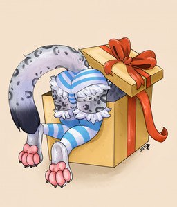 anthro blue_clothing bow_ribbon box butt clothing container gift legs_up legwear male panties pawpads paws ribbons solo stockings tail thick_thighs thigh_highs tights underwear williamforster sneppy felid feline mammal pantherine snow_leopard hi_res