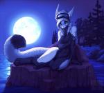 anthro blue_eyes breasts casual_nudity collar detailed_background dipstick_tail eyewear fangs featureless_breasts female fur goggles long_ears long_fangs looking_at_viewer markings moon navel night nude outside pose pubes reclining solo tail tail_markings teeth kero_tzuki mythology raytee_lee canid canine dragon furred_dragon furred_scalie hybrid mammal mythological_creature mythological_scalie scalie 2016