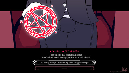 anthro clothing curse duo female first_person_view fur magic_user micro self_insert shrinking size_transformation suit text transformation transformation_pov white_body white_fur nova_prowler helltaker goat_lucifer_(helltaker) bovid caprine demon goat mammal 16:9 english_text widescreen