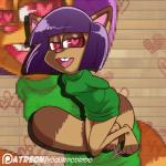 anthro breasts brown_body brown_fur clothed clothing female fluffy fluffy_tail fur hair heart_eyes heart_symbol open_mouth patreon_logo patreon_username purple_hair red_eyes solo tail text yogurpodrido patreon mammal procyonid raccoon 1:1 english_text