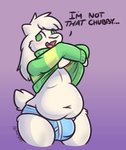 anthro belly belly_overhang big_belly blush briefs bulge butt clothing dialogue horn in_denial long_ears looking_at_viewer male navel overweight overweight_anthro overweight_male shy simple_background solo sweater text thick_thighs tight_underwear topwear underwear undressing wide_hips leo_llama undertale undertale_(series) asriel_dreemurr boss_monster_(undertale) bovid caprine goat mammal english_text