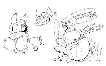 after_vore belly big_belly big_breasts bottomwear breasts clothing duo female female_pred hoodie male overweight simple_background skirt speech_bubble text topwear vore white_background fourofour nintendo pokemon generation_3_pokemon human kirlia mammal pokemon_(species) 2023 absurd_res hi_res monochrome