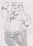 anthro belly blush bulge eyebrows flexing flexing_bicep kerchief male one_eye_closed overweight overweight_male solo thick_eyebrows wink tabasukotrr lifewonders live_a_hero mokdai canid canine canis domestic_dog mammal hi_res traditional_media_(artwork)