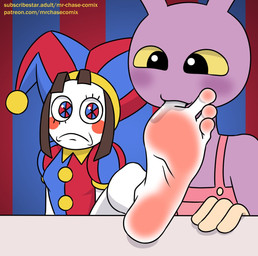 anthro barefoot clothed clothing duo feet female fool's_hat foot_fetish foot_in_mouth foot_suck hat headgear headwear humanoid_feet male plantigrade soles sucking toe_in_mouth toe_suck toes mrchasecomix glitch_productions the_amazing_digital_circus jax_(tadc) pomni_(tadc) human lagomorph leporid mammal rabbit hi_res