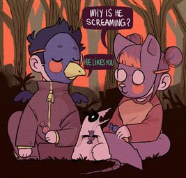 :3 alternate_species beak blush blush_stickers branch candy clothing daww dessert eyebrows eyes_closed female feral food forest grass hair humanized jacket male mask plant red_hair shirt sitting string sunset topwear tree wings wrapper threehairs_(artist) night_in_the_woods germ_warfare_(nitw) mae_borowski trash_king_rabies american_opossum human mammal marsupial 2017 animated hi_res
