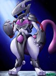 2_toes 3_fingers ambiguous_gender anthro armor detailed_background feet fingers grey_armor headgear helmet light_body long_tail purple_tail solo standing standing_on_toes tail toes wire noki001 nintendo pokemon generation_1_pokemon legendary_pokemon mewtwo pokemon_(species) hi_res
