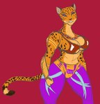 anthro big_breasts bra breasts clothed clothed_anthro clothed_female clothing female fur looking_at_viewer markings red_background simple_background smile solo spots spotted_body spotted_fur standing three-quarter_view underwear panthra78 felid leopard mammal pantherine absurd_res digital_drawing_(artwork) digital_media_(artwork) flat_colors hi_res portrait three-quarter_portrait