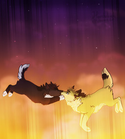 ambiguous/ambiguous ambiguous_gender black_body black_fur duo falling feral feralized fluffy fur glowing glowing_background kissing star sunset white_body white_fur yellow_body yellow_fur ouivon attack_on_titan erwin_smith levi_ackerman canid canine canis mammal wolf 2014