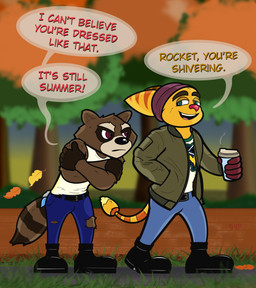 anthro autumn beanie beverage boots brown_body brown_fur clothing cold container crossed_arms cup detailed_background dialogue duo footwear fur hat headgear headwear looking_at_another looking_at_partner male male/male outside plant public romantic romantic_couple shoes sleeveless_clothing stripes sunset text tree yellow_body yellow_fur ggponk guardians_of_the_galaxy marvel ratchet_and_clank sony_corporation sony_interactive_entertainment ratchet_(ratchet_and_clank) rocket_raccoon lombax mammal procyonid raccoon comic english_text hi_res